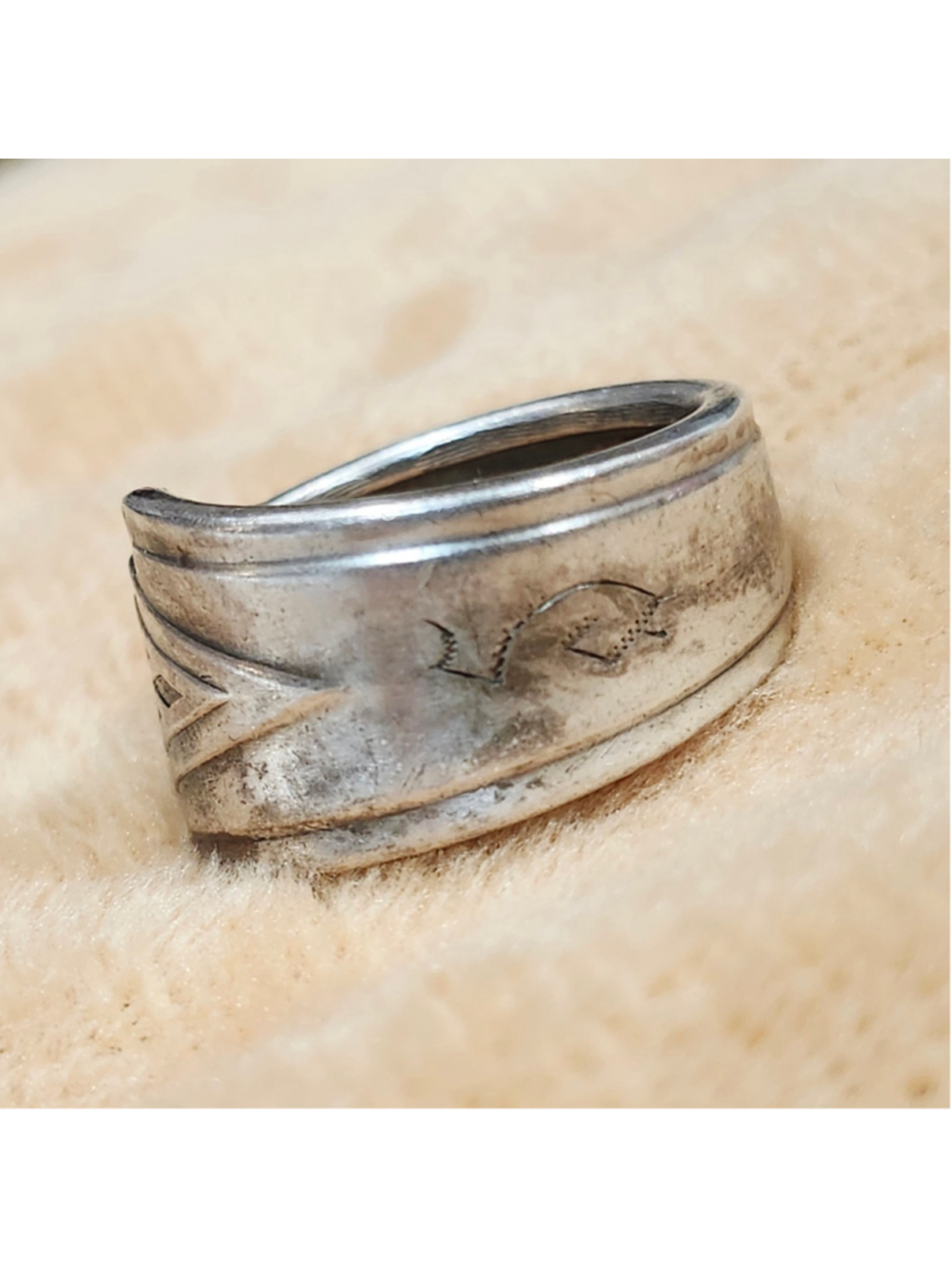 Aged Engraved S Spoon Handle Ring Size 10
